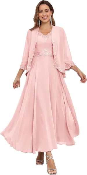 OFEECHUN Women's 2 Piece Mother of The Bride Dresses with Jacket Lace Chiffon Ankle Length Formal Wedding Guest Gown