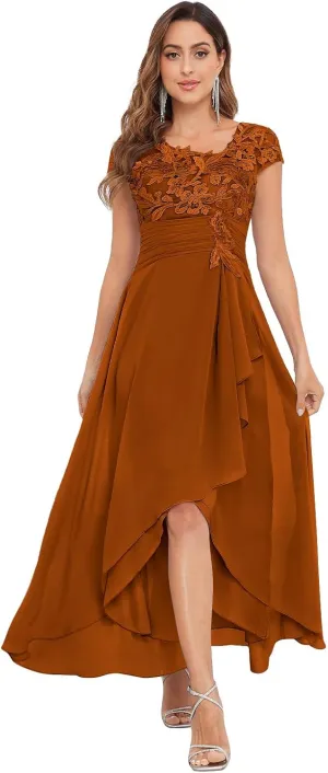 OFEECHUN Women's Lace Appliques Mother of The Bride Dresses Tea Length Chiffon Formal Dress with Sleeves