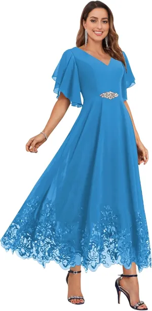 OFEECHUN Women's V Neck Chiffon Mother of The Bride Dresses for Wedding Tea Length Lace Formal Dress with Sleeves