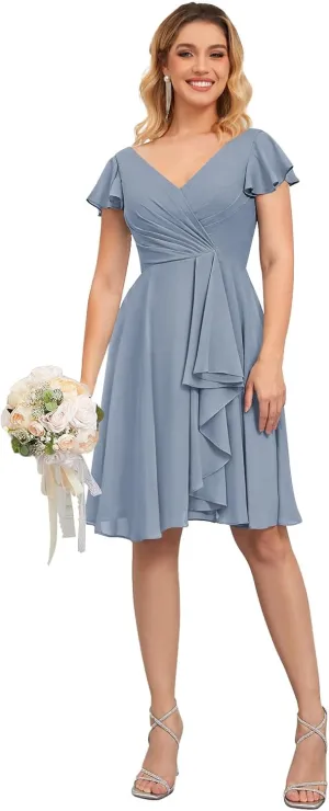OFEECHUN Women's V Neck Short Bridesmaid Dresses with Sleeves Chiffon Formal Dress Ruched Wedding Guest Gown
