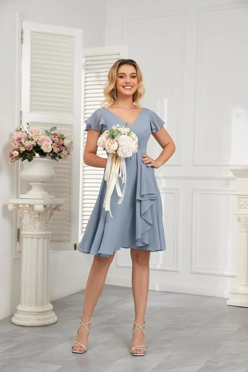 OFEECHUN Women's V Neck Short Bridesmaid Dresses with Sleeves Chiffon Formal Dress Ruched Wedding Guest Gown