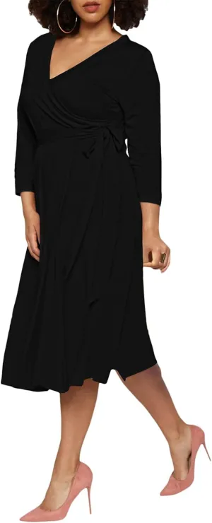 Pink Queen Women's V Neck Wrap Dress Plus Size Beach Party Flared Midi Dresses Wedding Guest Black 3XL