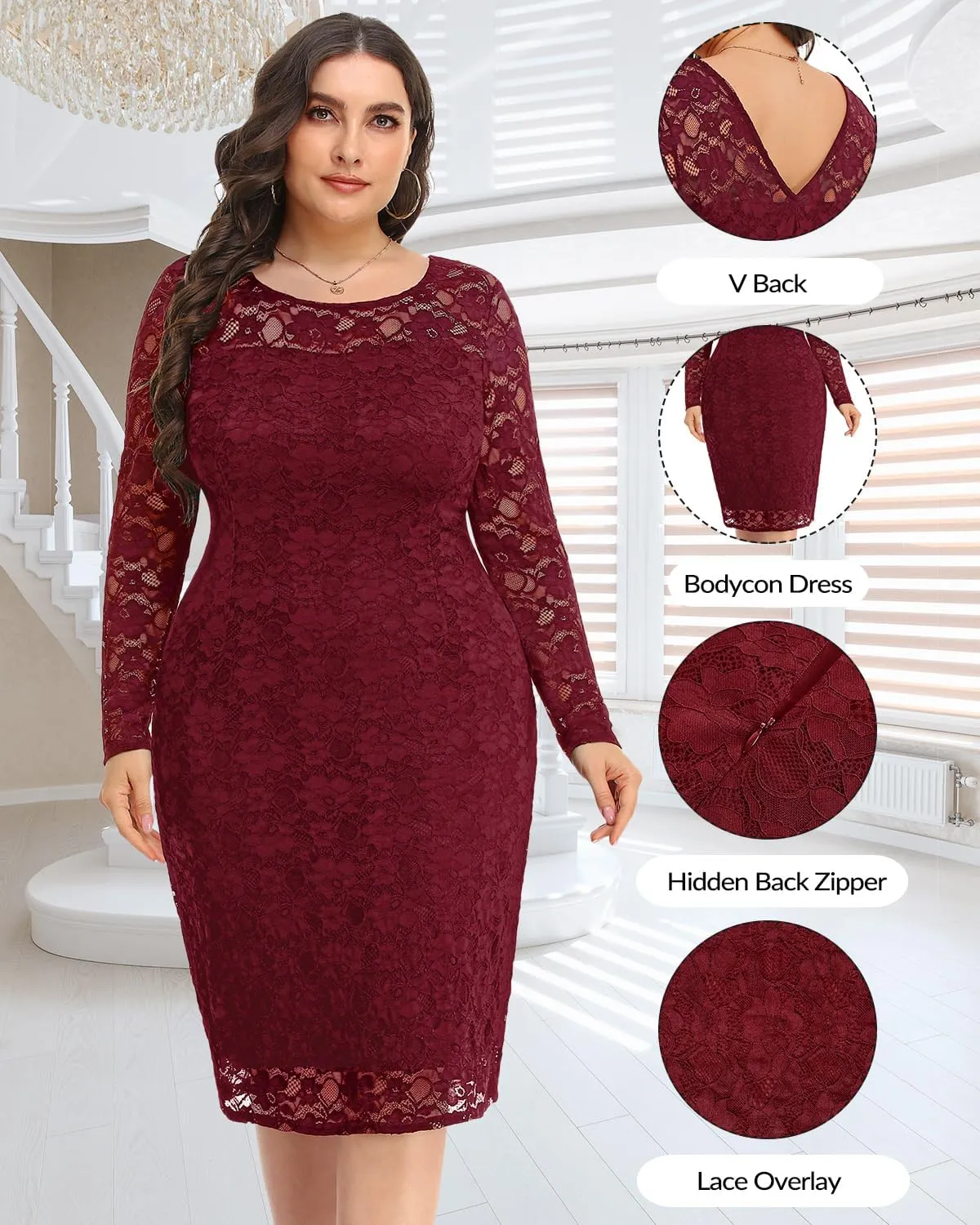 Pinup Fashion Plus Size Dresses for Wedding Guest Long Sleeve Cocktail Formal Party Dress for Women Sexy