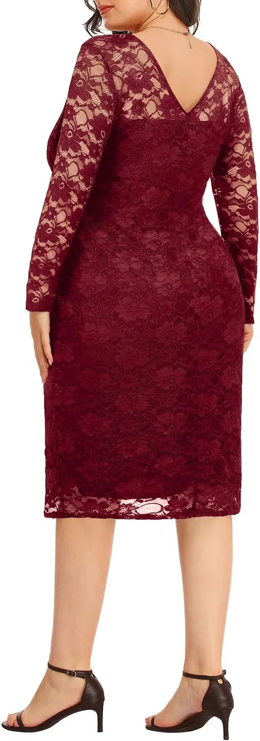 Pinup Fashion Plus Size Dresses for Wedding Guest Long Sleeve Cocktail Formal Party Dress for Women Sexy