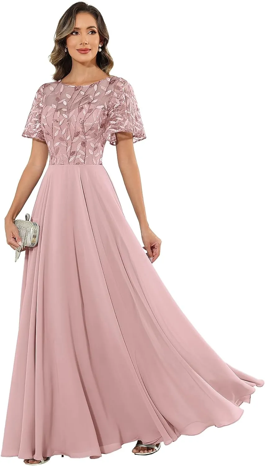 POMUYOO Lace Mother of The Bride Dresses Ruffle Sleeve Bridesmaid Dress Chiffon A-Line Formal Gowns for Wedding