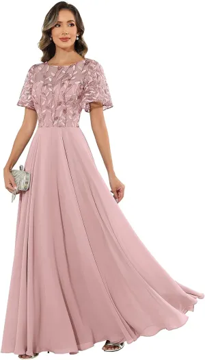 POMUYOO Lace Mother of The Bride Dresses Ruffle Sleeve Bridesmaid Dress Chiffon A-Line Formal Gowns for Wedding