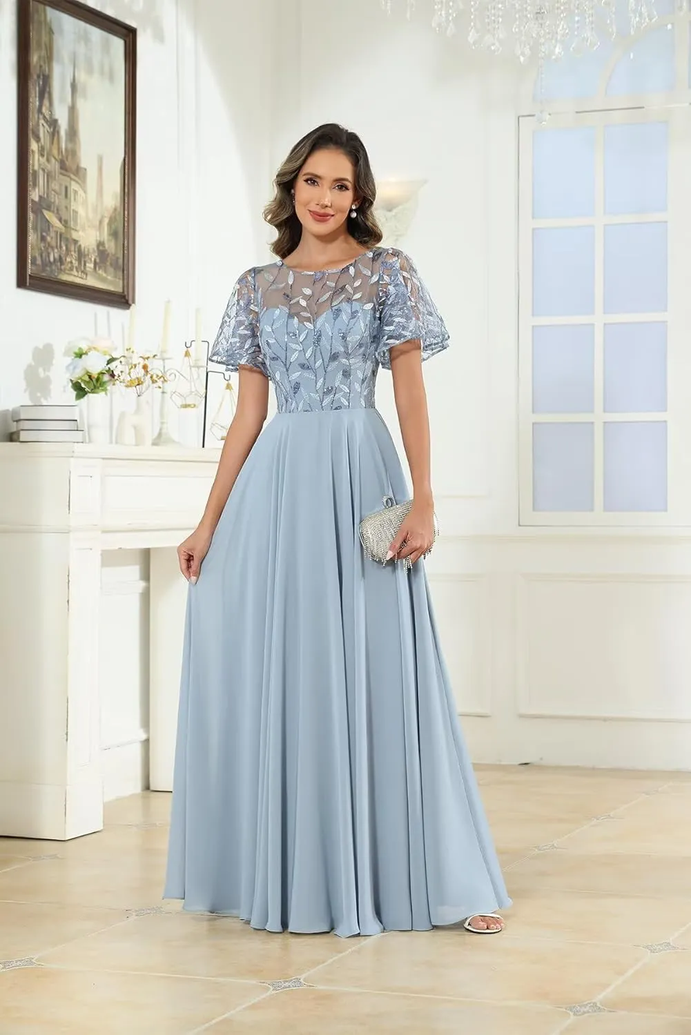 POMUYOO Lace Mother of The Bride Dresses Ruffle Sleeve Bridesmaid Dress Chiffon A-Line Formal Gowns for Wedding