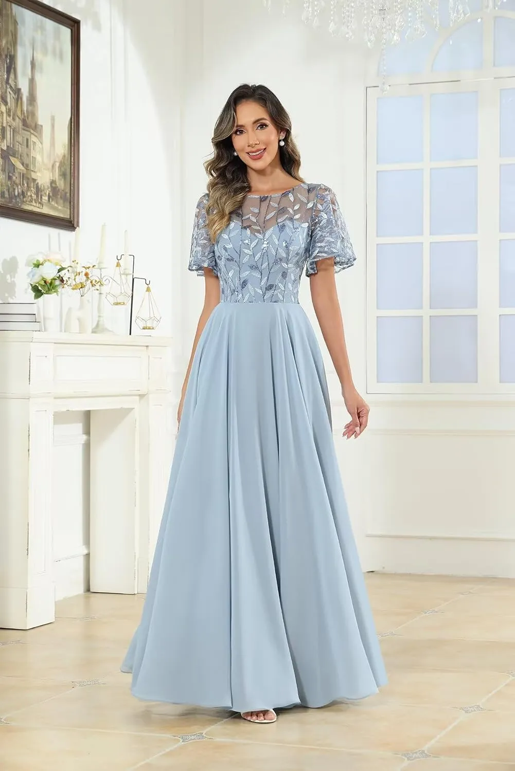 POMUYOO Lace Mother of The Bride Dresses Ruffle Sleeve Bridesmaid Dress Chiffon A-Line Formal Gowns for Wedding