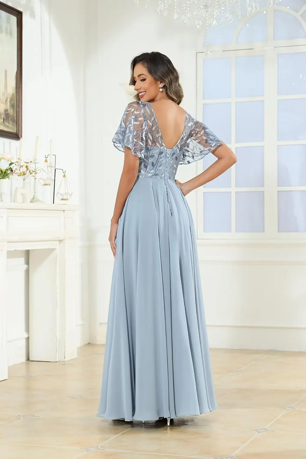 POMUYOO Lace Mother of The Bride Dresses Ruffle Sleeve Bridesmaid Dress Chiffon A-Line Formal Gowns for Wedding