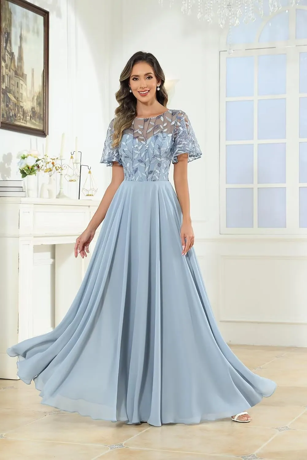 POMUYOO Lace Mother of The Bride Dresses Ruffle Sleeve Bridesmaid Dress Chiffon A-Line Formal Gowns for Wedding