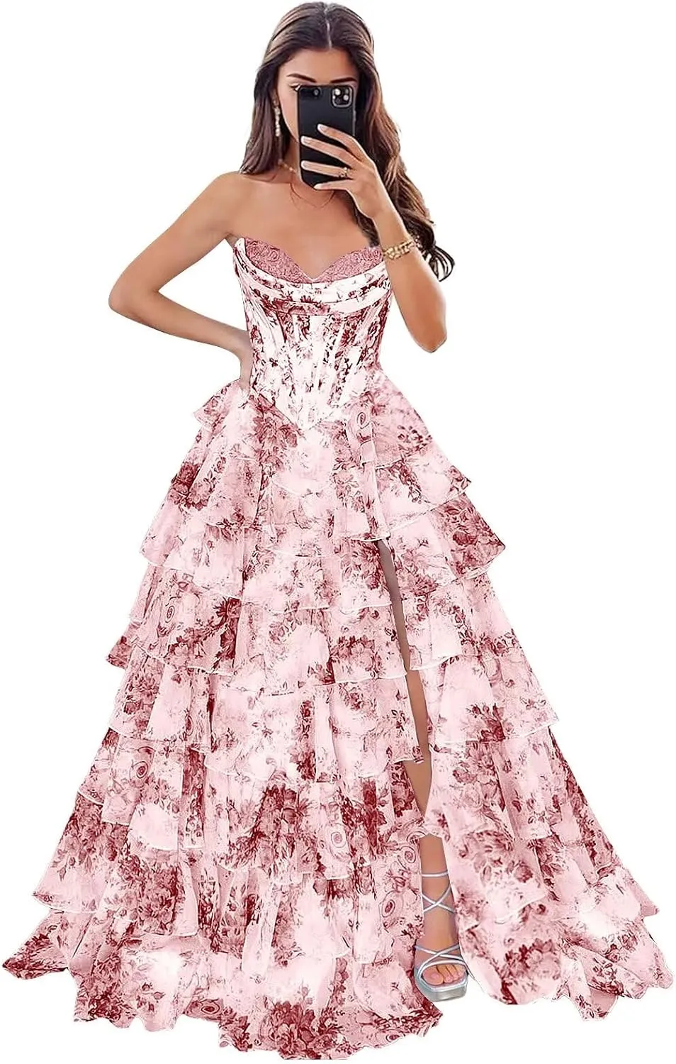 Prom Dresses Long for Women with Slit Tiered Skirt Ruffles A-Line Sweetheart Formal Evening Ball Gown
