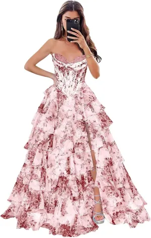 Prom Dresses Long for Women with Slit Tiered Skirt Ruffles A-Line Sweetheart Formal Evening Ball Gown