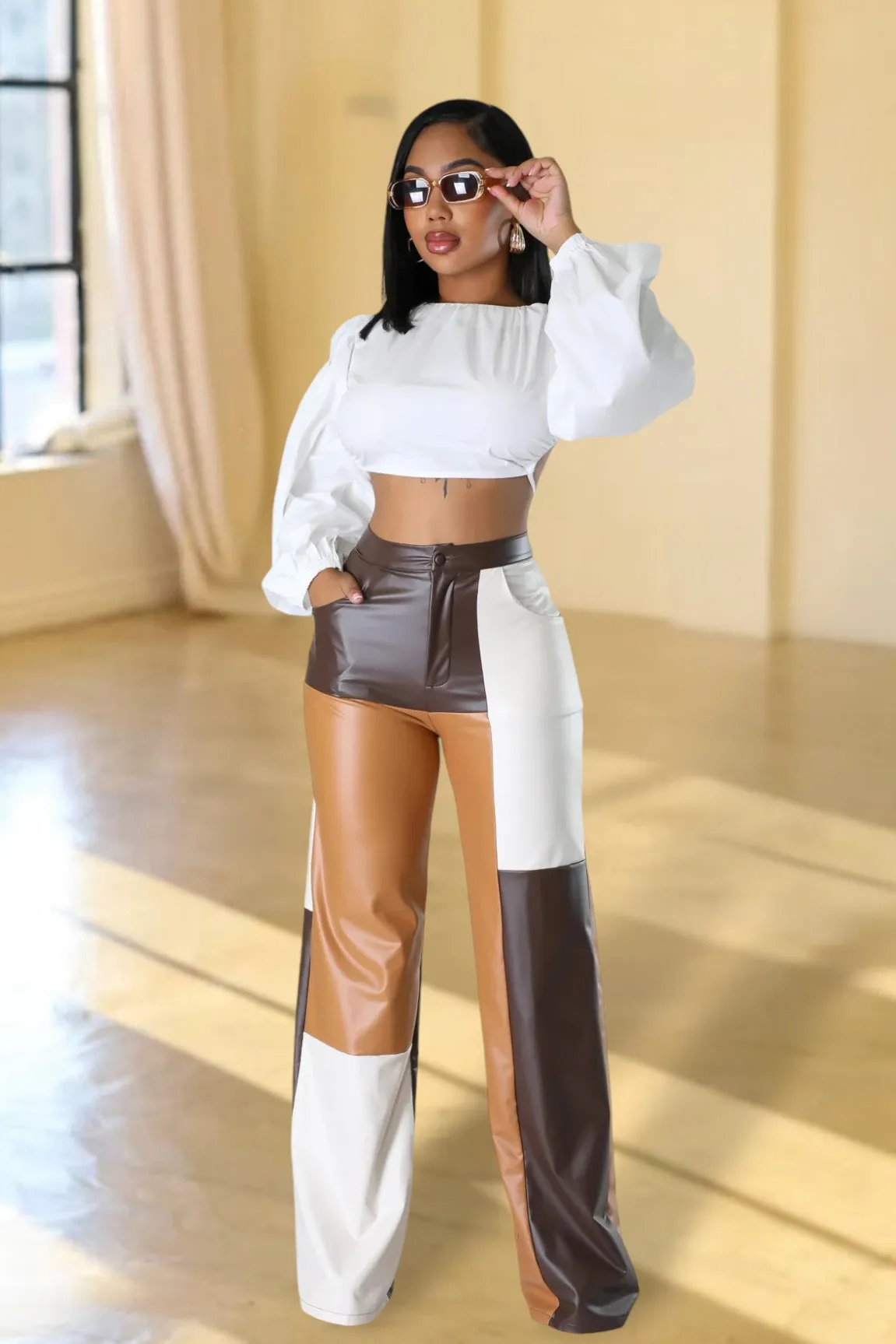 Round The Block Faux Leather Pants Brown