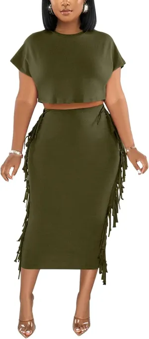 Sexy Summer Two Piece Outfits for Women Bodycon Club Dresses Tassel Ruched Crop Tops Cocktail Party Midi Skirt Set