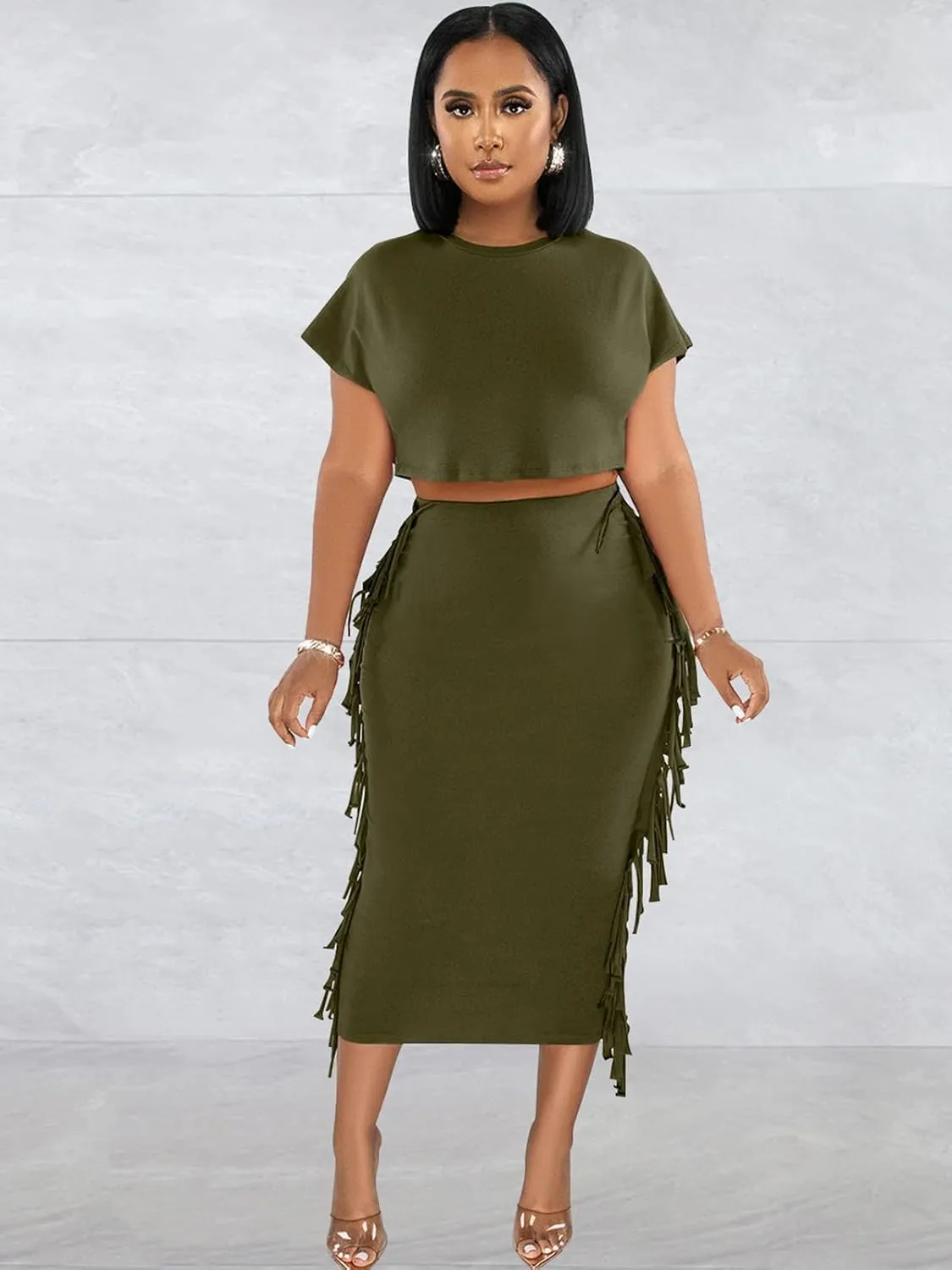 Sexy Summer Two Piece Outfits for Women Bodycon Club Dresses Tassel Ruched Crop Tops Cocktail Party Midi Skirt Set
