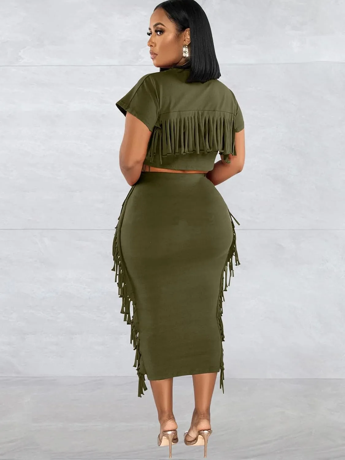 Sexy Summer Two Piece Outfits for Women Bodycon Club Dresses Tassel Ruched Crop Tops Cocktail Party Midi Skirt Set