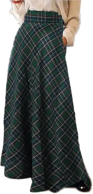 Sheface Women's Plaid Maxi Skirt High Waist Casual Tartan Pleated A-Line Long Skirt with Pockets