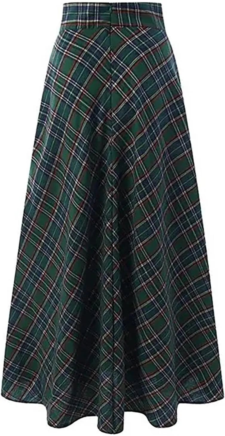 Sheface Women's Plaid Maxi Skirt High Waist Casual Tartan Pleated A-Line Long Skirt with Pockets