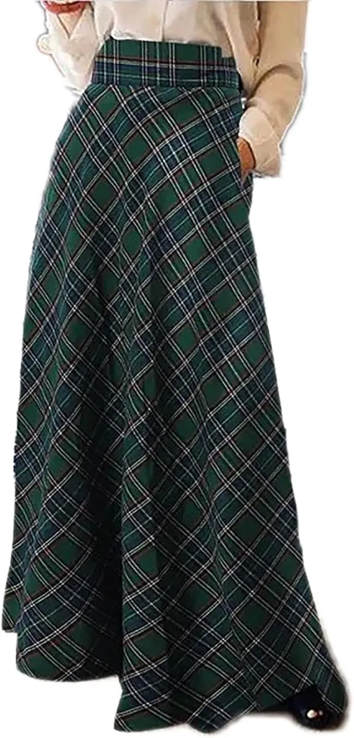Sheface Women's Plaid Maxi Skirt High Waist Casual Tartan Pleated A-Line Long Skirt with Pockets