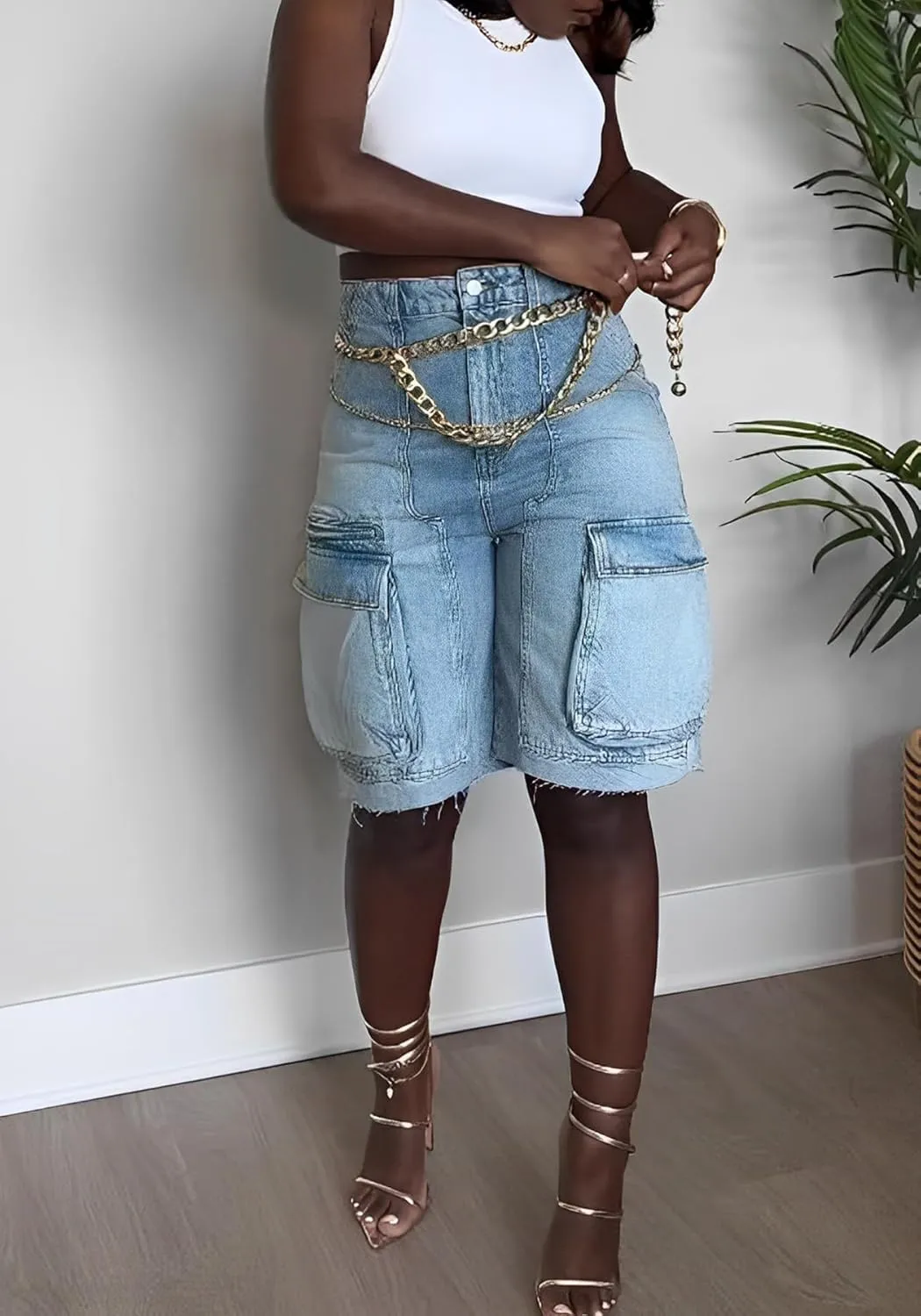 SHINFY Women's Denim Shorts Y2K Casual High Waisted Straight Leg Flap Pockets Cargo Jean Shorts Bermuda Shorts