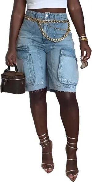 SHINFY Women's Denim Shorts Y2K Casual High Waisted Straight Leg Flap Pockets Cargo Jean Shorts Bermuda Shorts