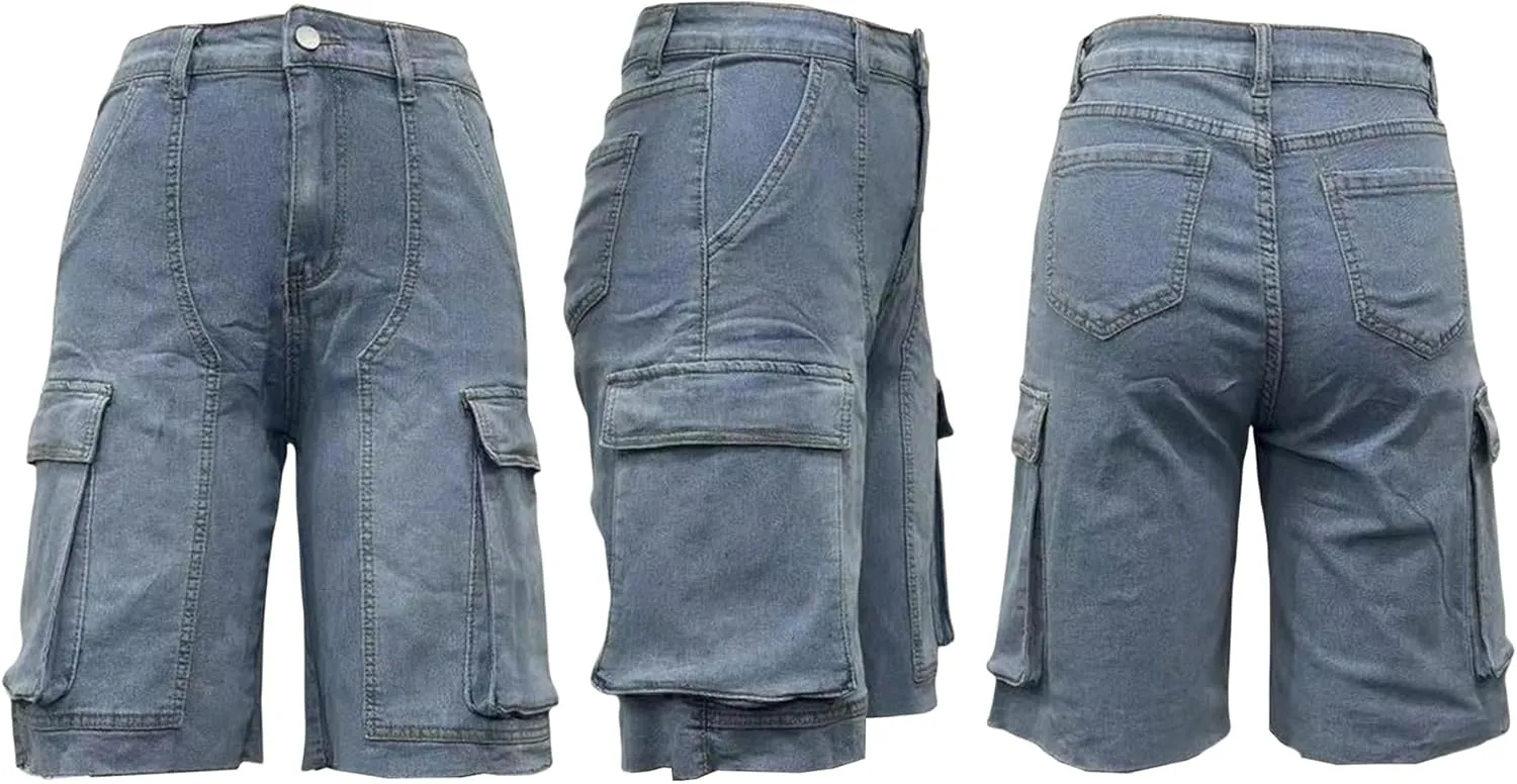 SHINFY Women's Denim Shorts Y2K Casual High Waisted Straight Leg Flap Pockets Cargo Jean Shorts Bermuda Shorts
