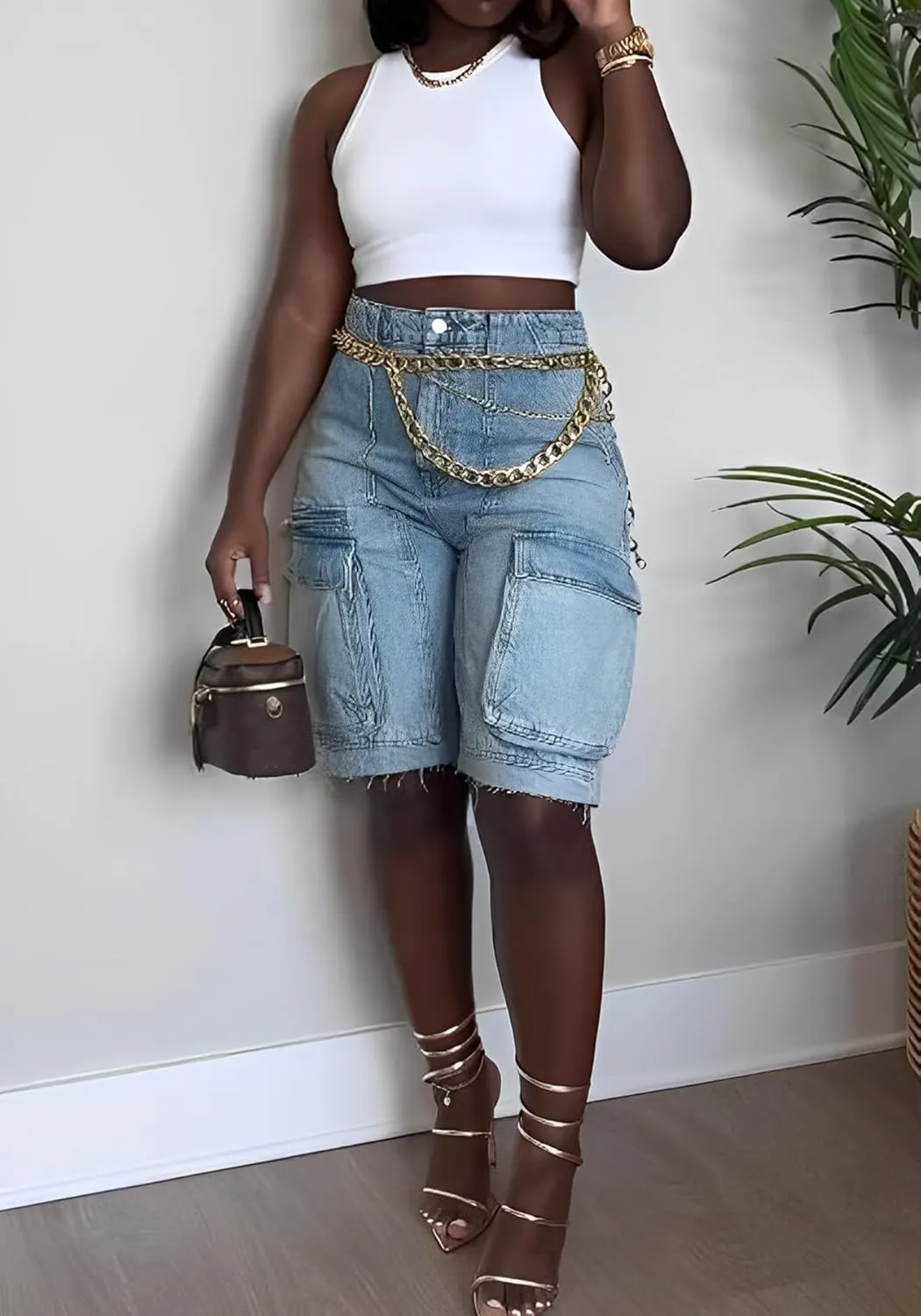 SHINFY Women's Denim Shorts Y2K Casual High Waisted Straight Leg Flap Pockets Cargo Jean Shorts Bermuda Shorts