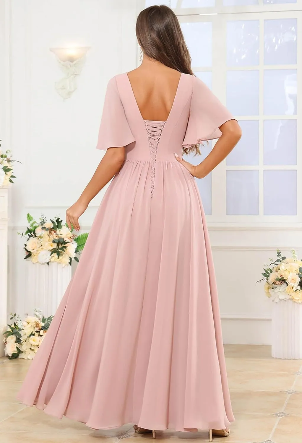 Short Sleeve Bridesmaid Dresses for Wedding Long Slit Pleated Ruffles Chiffon V Neck Formal Evening Gown