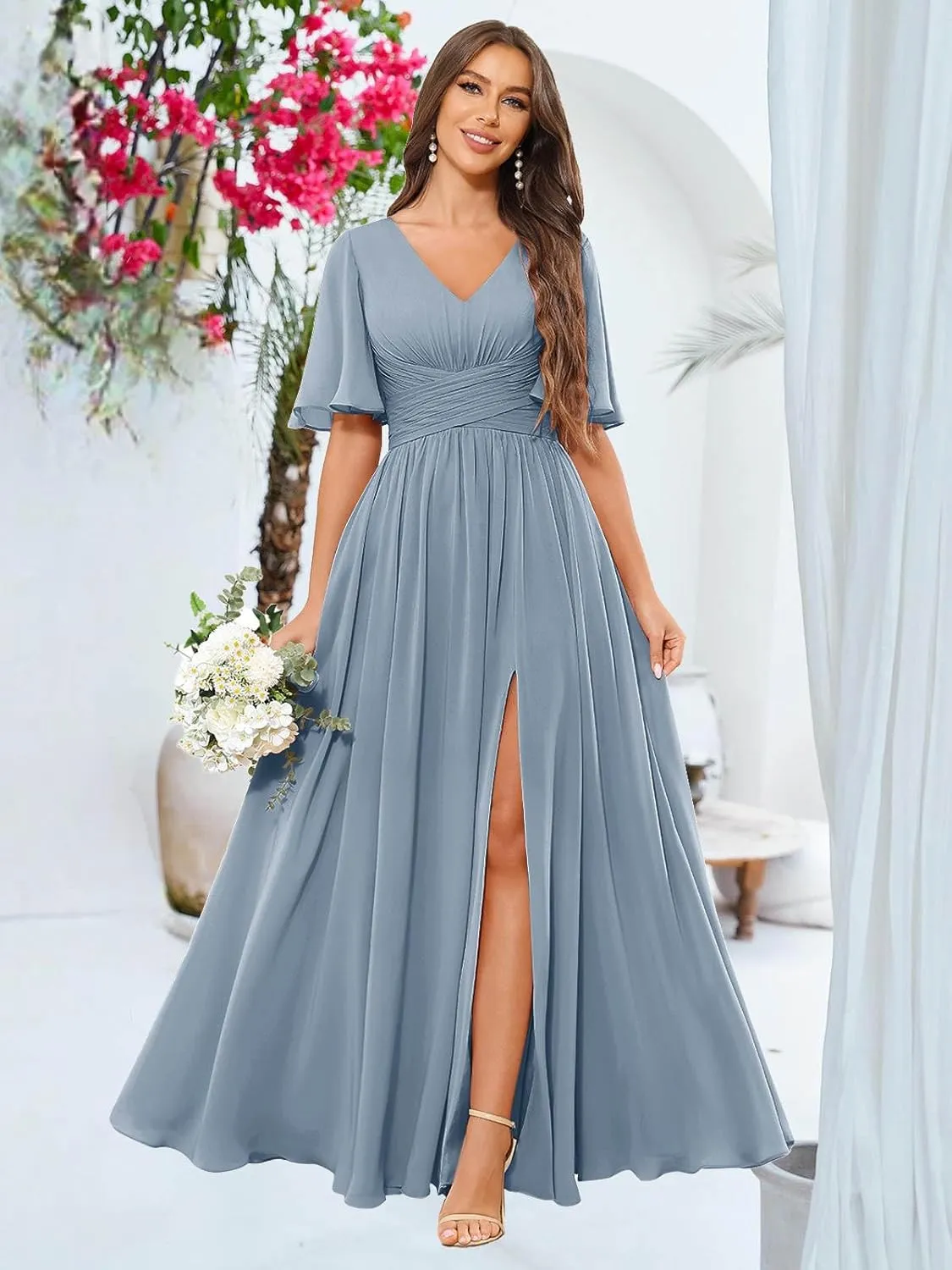 Short Sleeve Bridesmaid Dresses for Wedding Long Slit Pleated Ruffles Chiffon V Neck Formal Evening Gown
