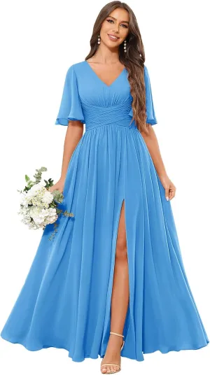 Short Sleeve Bridesmaid Dresses for Wedding Long Slit Pleated Ruffles Chiffon V Neck Formal Evening Gown