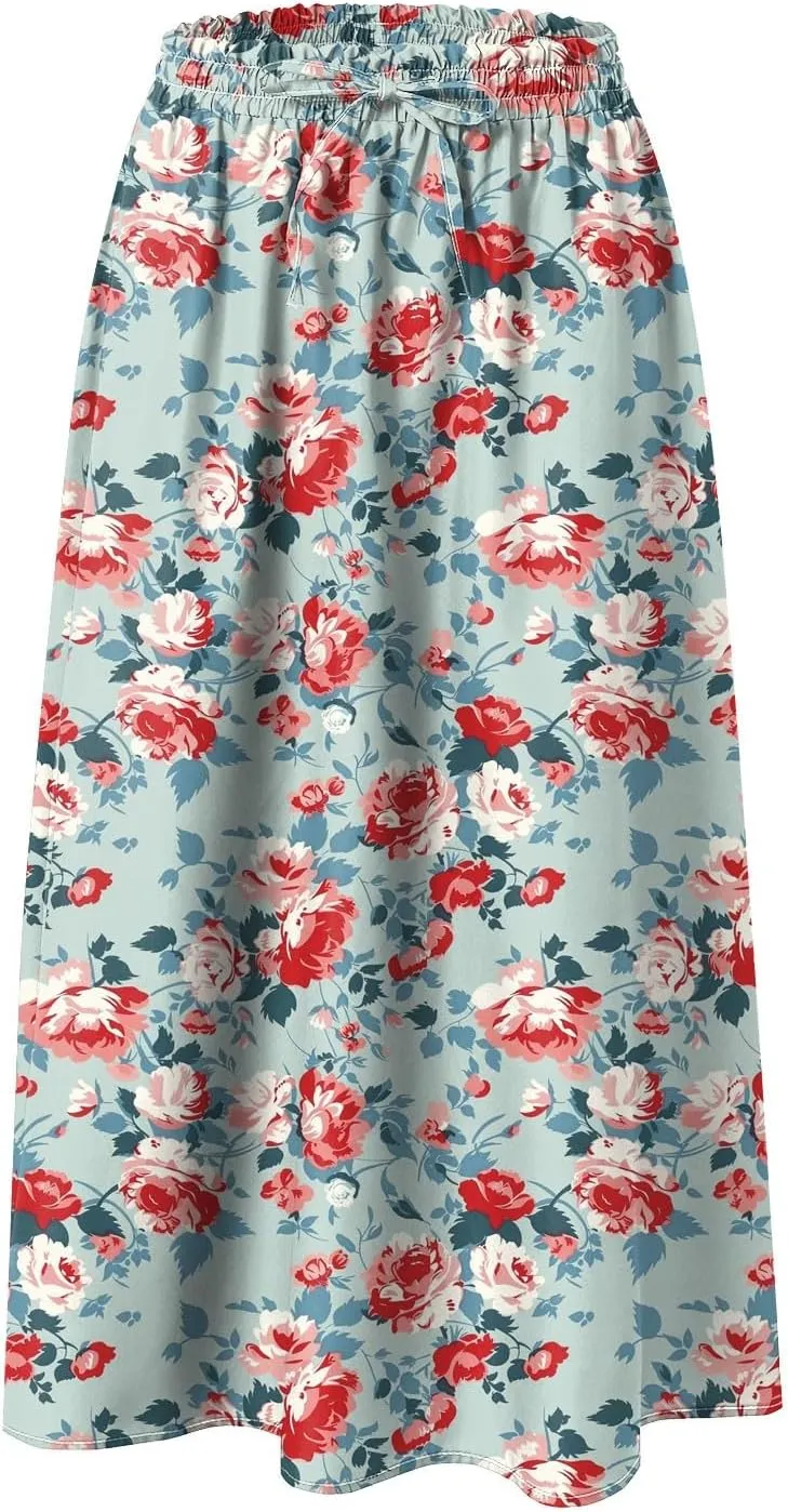 Skirts for Women Spring Summer Boho Floral Print High Waist Flowy Split A Line Midi Skirt with Pockets