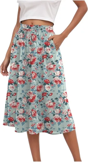 Skirts for Women Spring Summer Boho Floral Print High Waist Flowy Split A Line Midi Skirt with Pockets