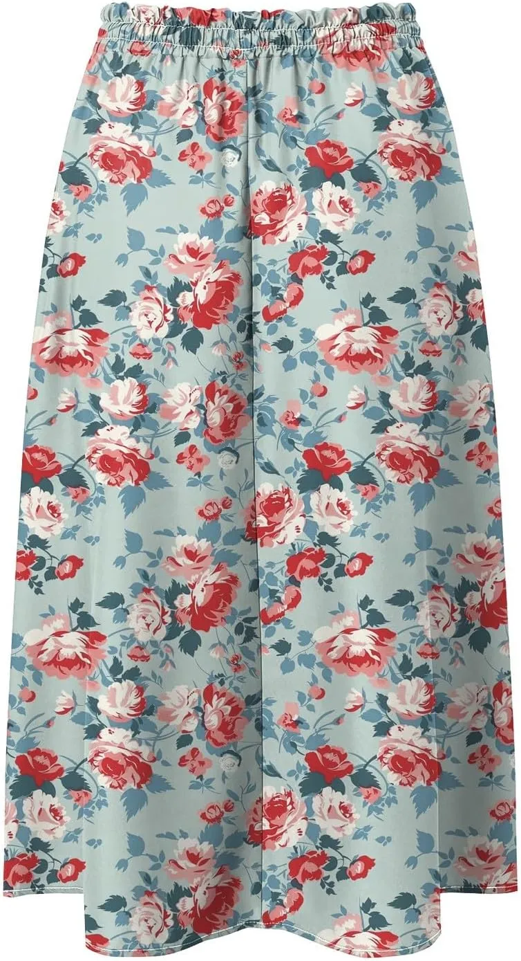 Skirts for Women Spring Summer Boho Floral Print High Waist Flowy Split A Line Midi Skirt with Pockets