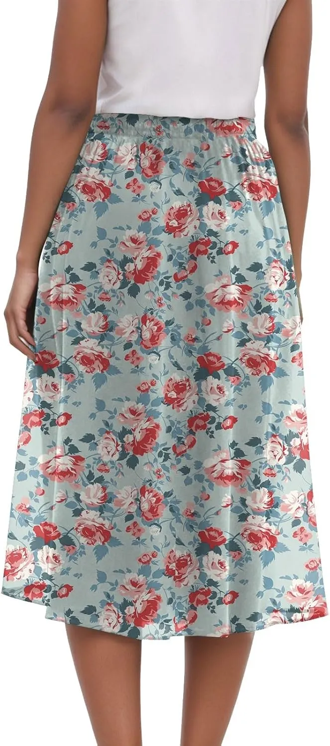 Skirts for Women Spring Summer Boho Floral Print High Waist Flowy Split A Line Midi Skirt with Pockets
