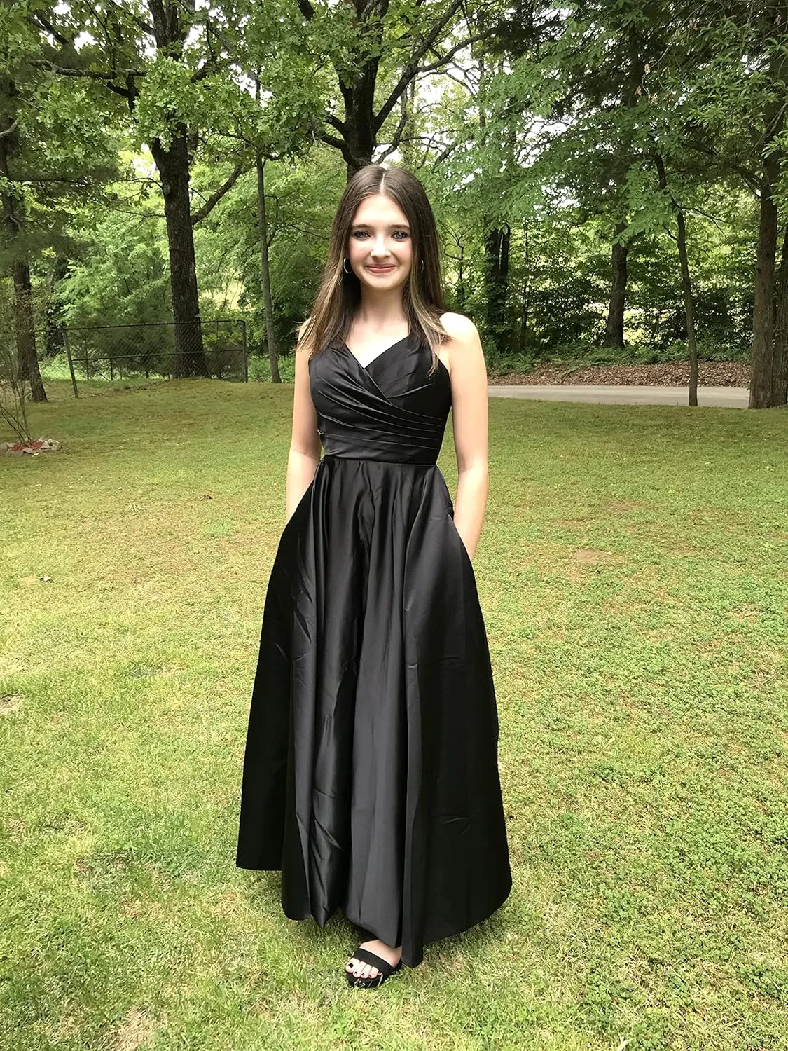 Skycity Long A Line Prom Dress for Women 2024 V Neck Accentuated with Ruched Satin Bridesmaid Dresses Z017