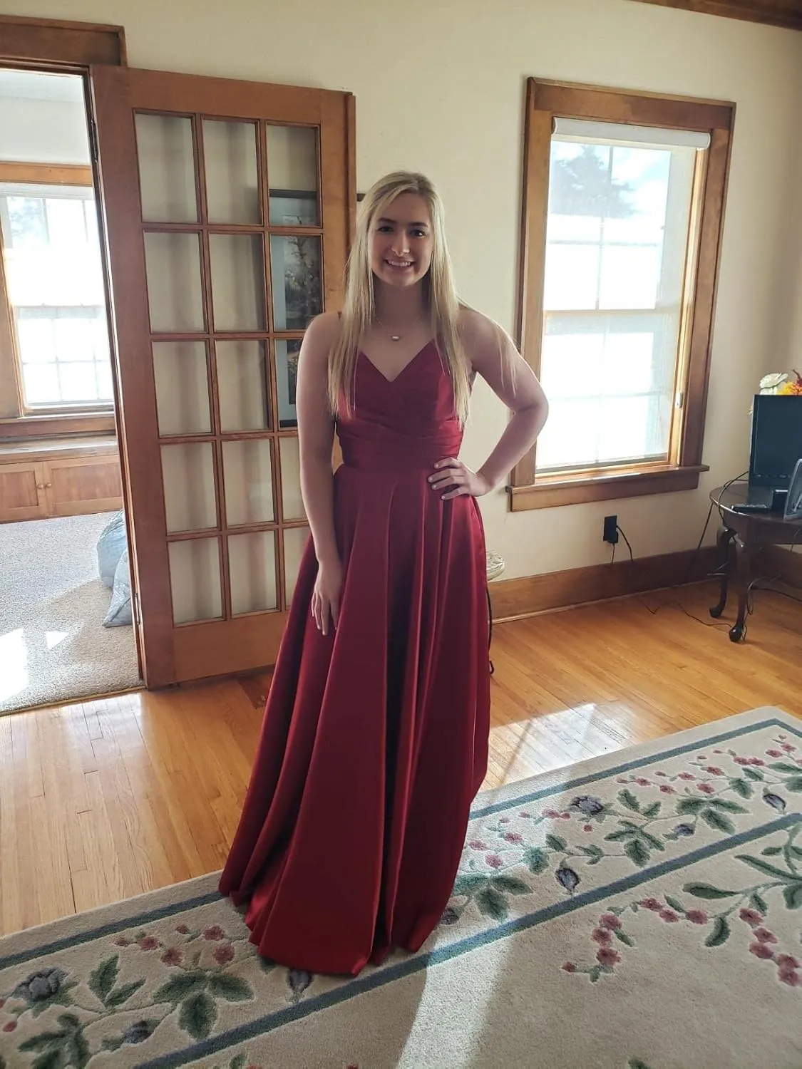 Skycity Long A Line Prom Dress for Women 2024 V Neck Accentuated with Ruched Satin Bridesmaid Dresses Z017