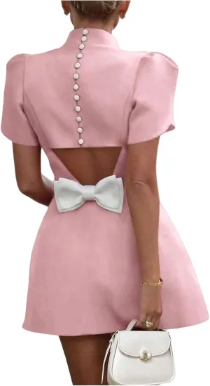 SOLY HUX Women's Mini Dress Cut Out Bow Mock Neck Puff Short Sleeve A Line Party Dresses