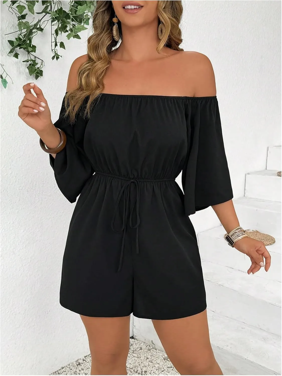 SOLY HUX Women's Plus Size Off The Shoulder Jumpsuits Shorts Beach Vacation High Waisted Rompers