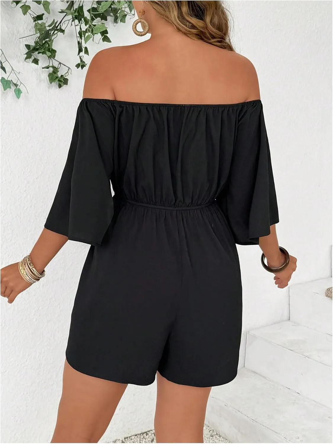 SOLY HUX Women's Plus Size Off The Shoulder Jumpsuits Shorts Beach Vacation High Waisted Rompers