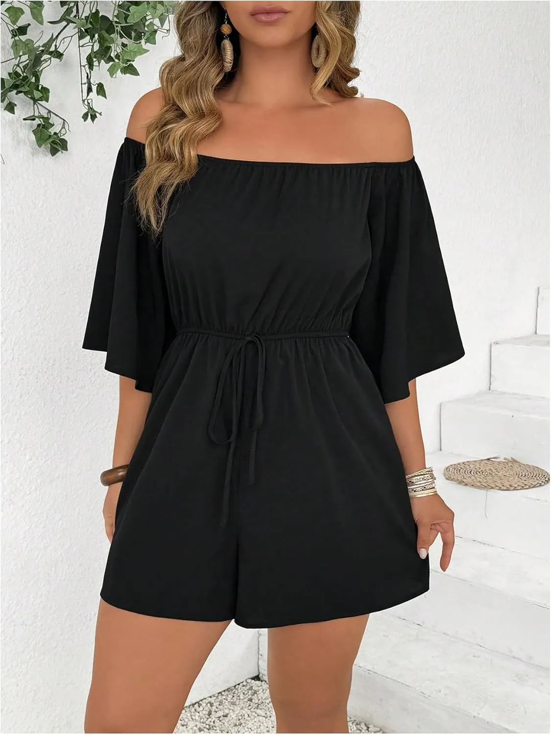 SOLY HUX Women's Plus Size Off The Shoulder Jumpsuits Shorts Beach Vacation High Waisted Rompers