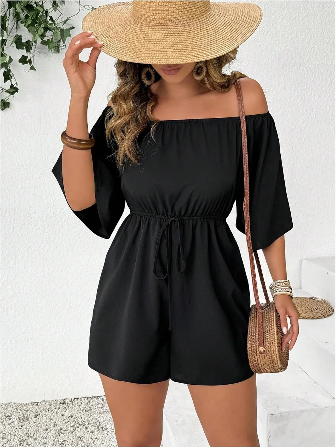 SOLY HUX Women's Plus Size Off The Shoulder Jumpsuits Shorts Beach Vacation High Waisted Rompers