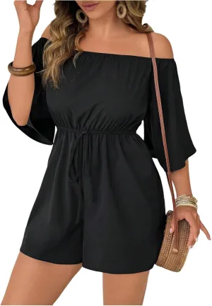 SOLY HUX Women's Plus Size Off The Shoulder Jumpsuits Shorts Beach Vacation High Waisted Rompers
