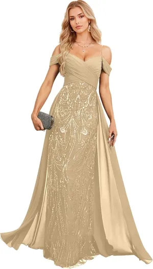 Spaghetti Straps Lace Lace Sequins Mother of The Bride Dresses for Women Off Shoulder Chiffon Prom Dress with Train