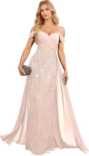 Spaghetti Straps Lace Lace Sequins Mother of The Bride Dresses for Women Off Shoulder Chiffon Prom Dress with Train