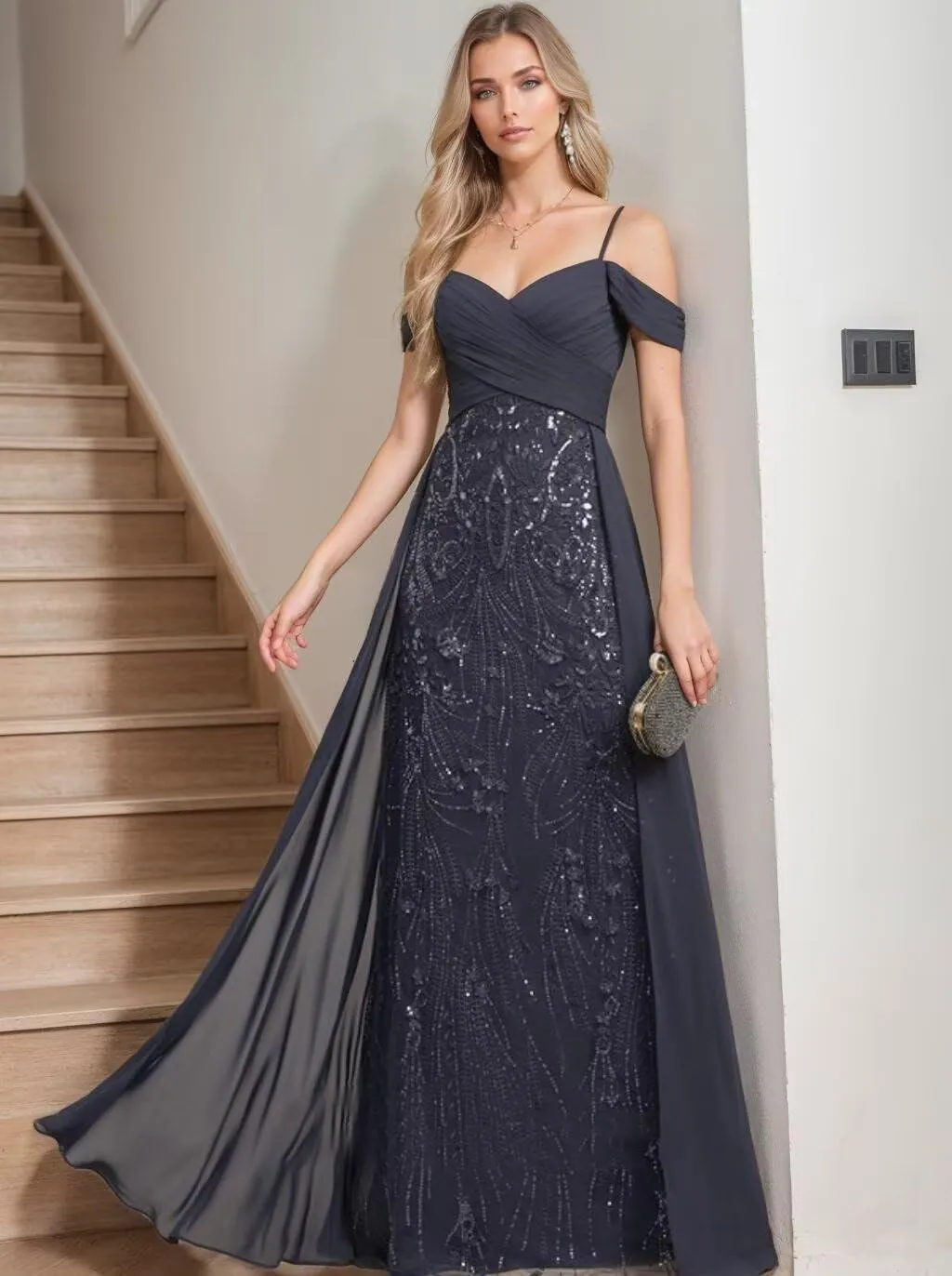 Spaghetti Straps Lace Lace Sequins Mother of The Bride Dresses for Women Off Shoulder Chiffon Prom Dress with Train