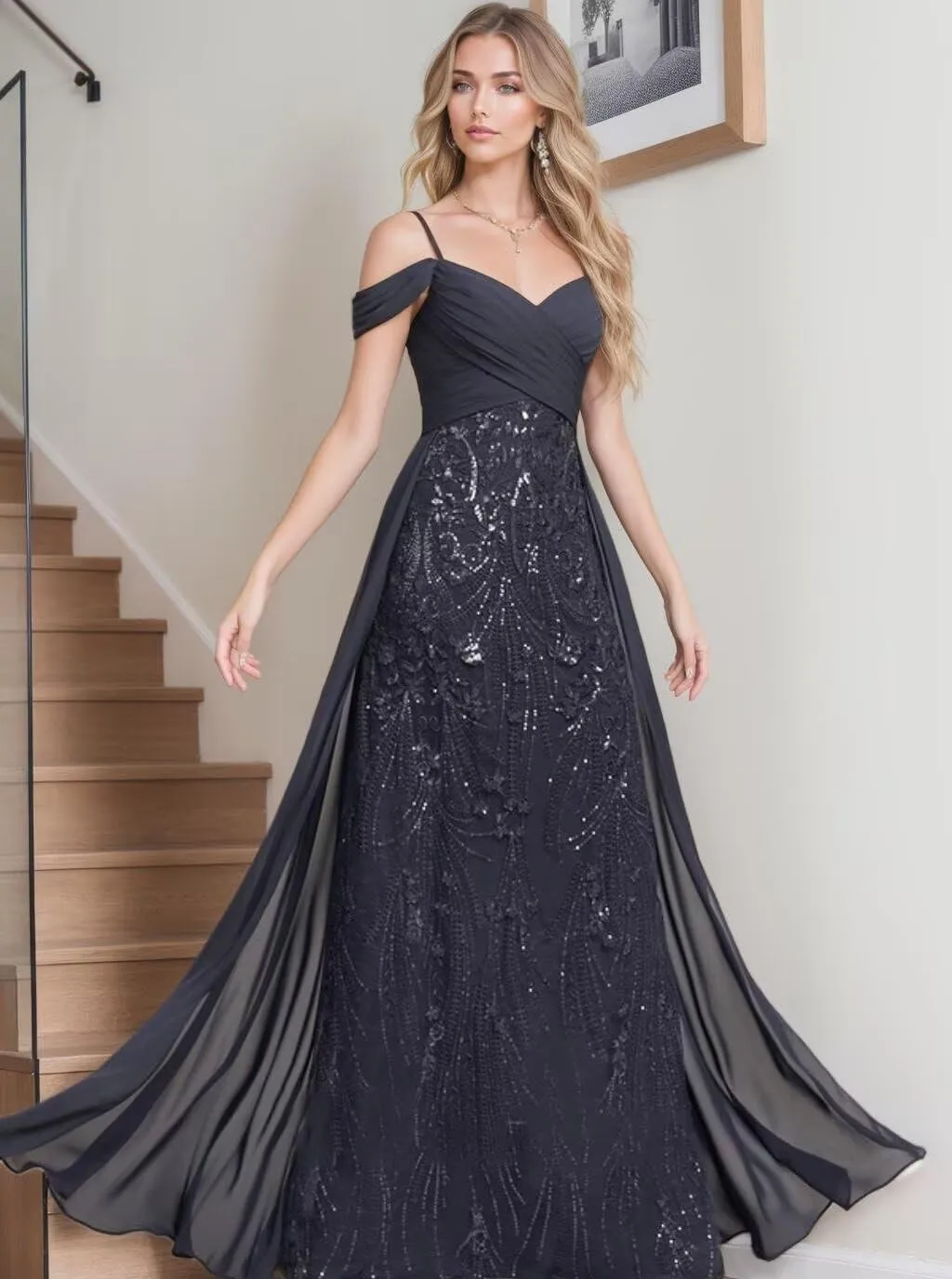 Spaghetti Straps Lace Lace Sequins Mother of The Bride Dresses for Women Off Shoulder Chiffon Prom Dress with Train