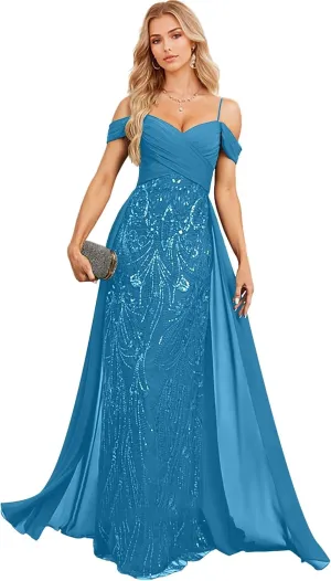 Spaghetti Straps Lace Lace Sequins Mother of The Bride Dresses for Women Off Shoulder Chiffon Prom Dress with Train
