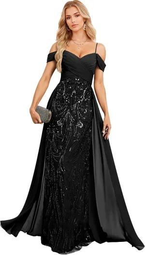 Spaghetti Straps Lace Lace Sequins Mother of The Bride Dresses for Women Off Shoulder Chiffon Prom Dress with Train