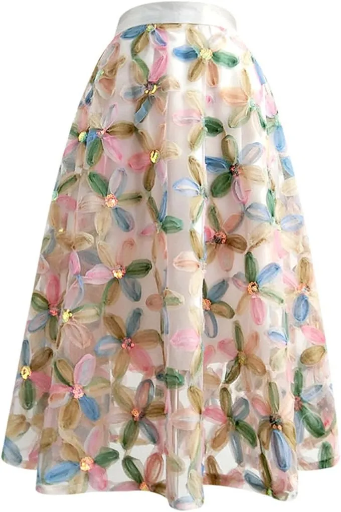 Spring Summer Fashion Vintage Elegant Female High Waisted Pleated Midi Tulle Skirt