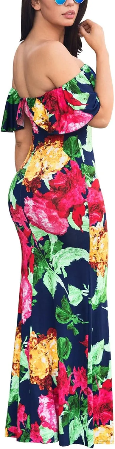 Suimiki Vintage Ruffle Plain Floral Printed Off Shoulder Bodycon Long Party Maxi Dress
